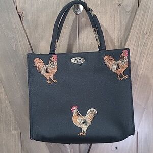 Handmade In Maine Black Tote Handbag With Roosters